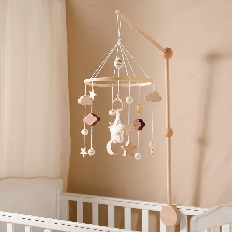 Baby Crib Mobile Bed Bell Rattle Toys Wooden Crochet Stars Pendant Bed Bell Toys Newborn Comfort Crib Bracket Hanging Toys Gifts