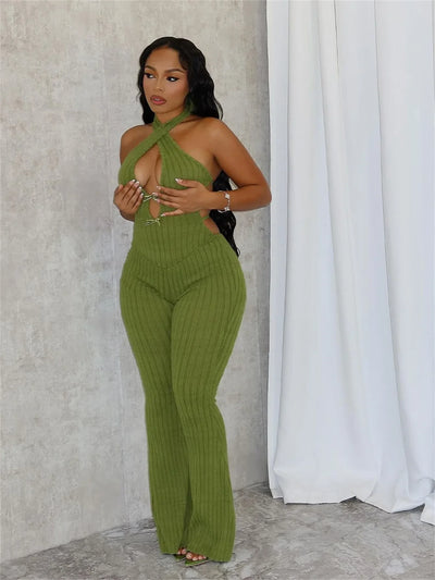 Women Knit Halter Bow Sleeveless Long Jumpsuits 2025 Summer Backless Sexy Outfits Night Club Party One Piece Rompers