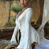 Ruffled Lace-Up White Mini Dress Women's V-Neck Patchwork Long Sleeve Sexy Slim Dress Bandage Elegant Female Summer Dress