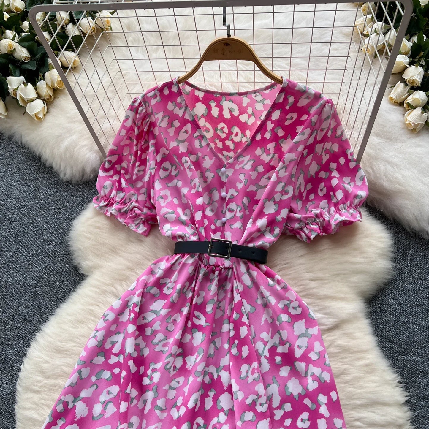 Summer Pleated Women Buttons Dresses Casual Beach Holiday Short Sleeve V Neck Woman Midi Dress Bohemian Mujer Vestidos