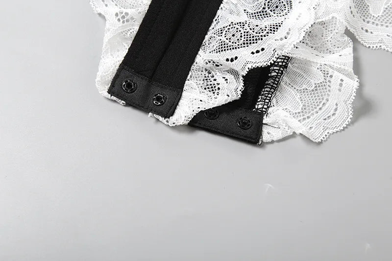 Joskaa Women Lace Patchwork Black Blazer Bodysuits Sexy Deep V-Neck Long Sleeve One Piece Rompers Coquette Midnight Clubwear