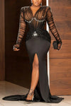 Plus Size Women Sequin Slim Paty Club Elegant Long Sleeve Ruched Rhinestone Pearl Decor Slit Train Maxi Dress Evening Dress 2024