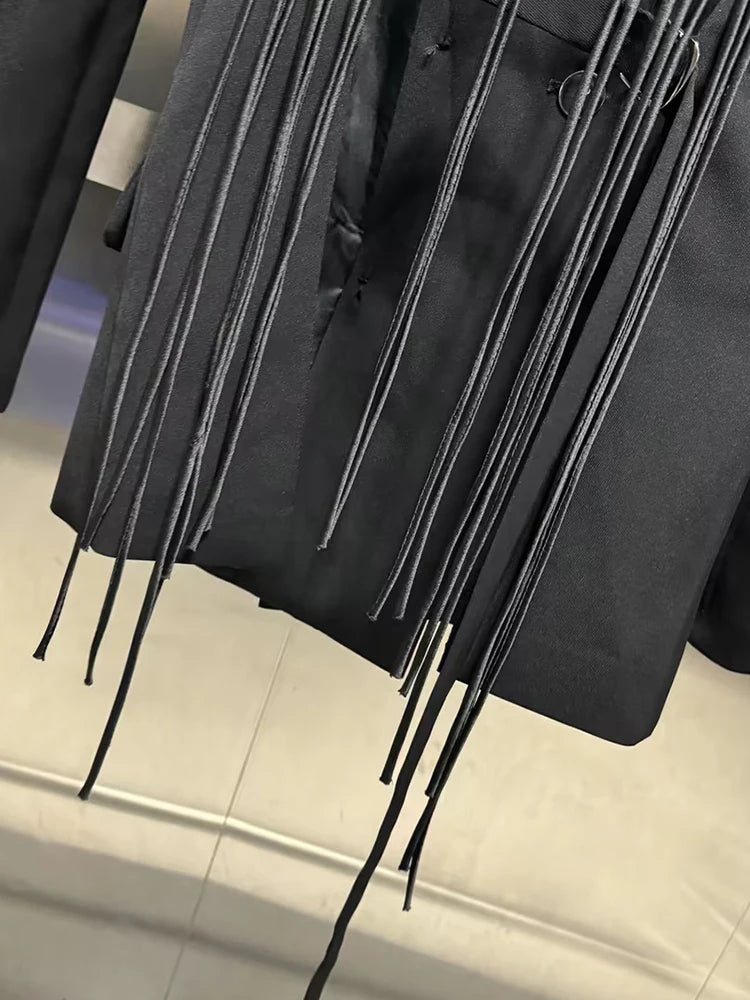 VGH Minimalist Patchwork Drawstring Solid Blazers For Women Notched Collar Long Sleeve Backless Hollow Out Blazer Female Style