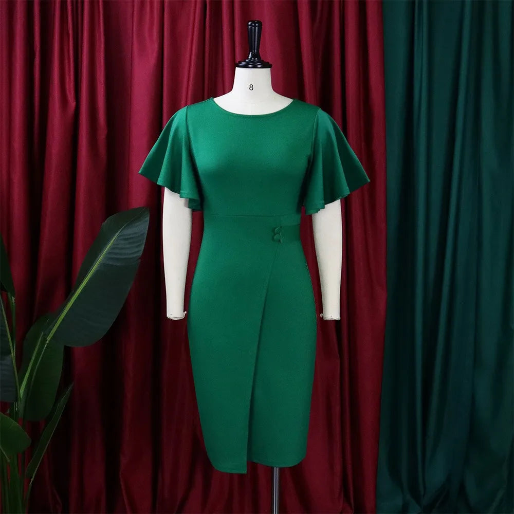 Dress Women Mid Length Dresses Green Slim Ruffles Bodycon Round Neck Short Sleeve Sexy Elegant Party High Waist Vestidos