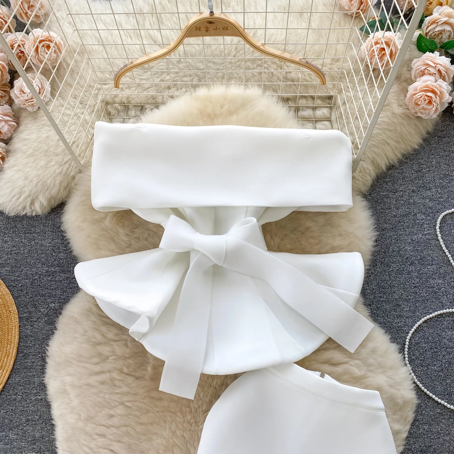 Women Vintage Two Pieces Skirt Sets Women Long Sleeve Sexy Slash Neck Bandage Ruffle Blouse Top and High Waist  Hip Wrap Skirt