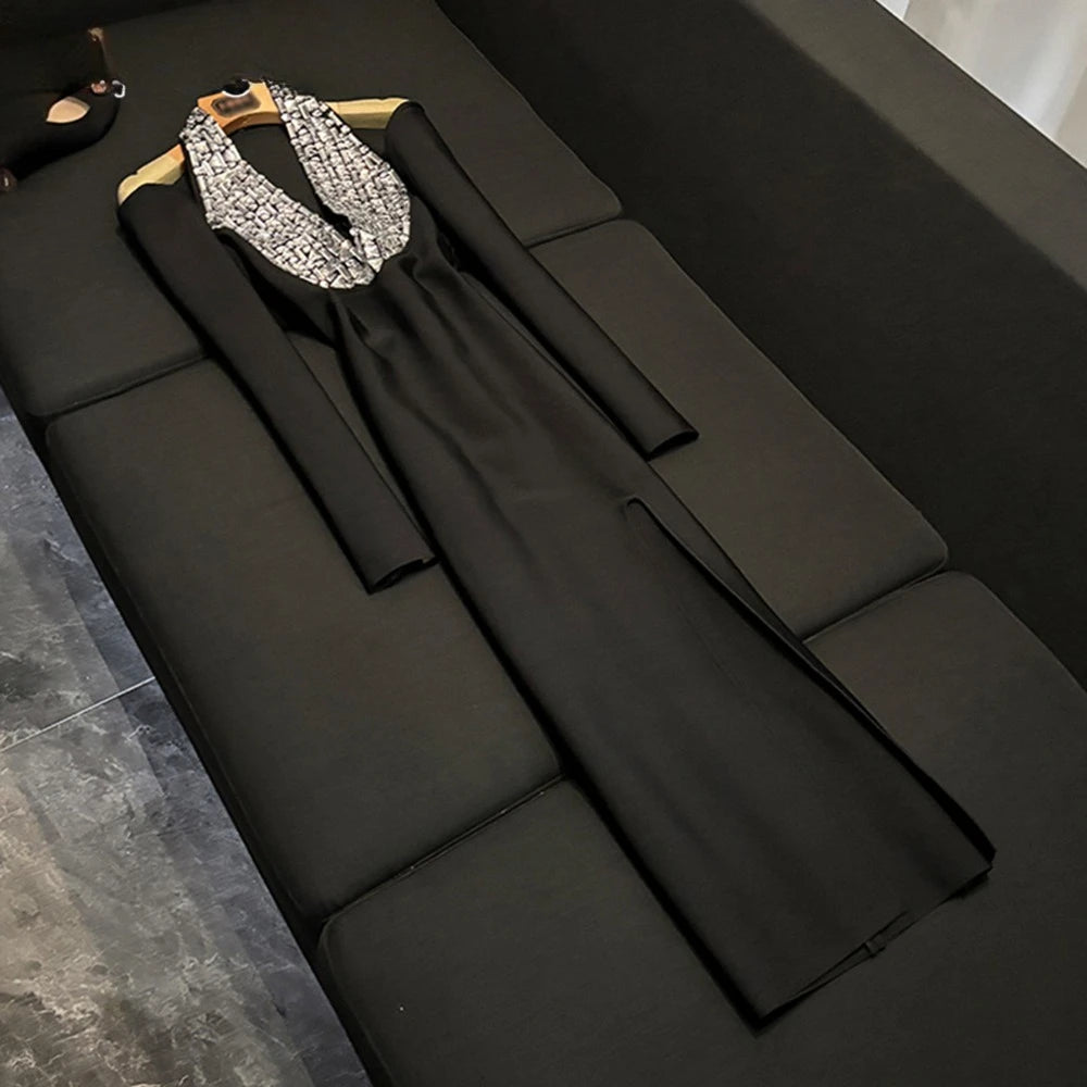 TWOTWINSTYLE Luxury Slimming Solid Dresses For Women V Neck Sleeveless High Waist Elegant Dinner Dress Female Fashion KDR525118