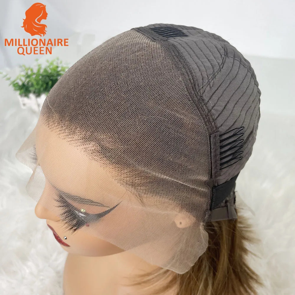 Millionaire Queen Bob Wig 13x4 Transparent Lace Frontal Short Straight Highlight 100% Human Hair Wigs 180 Density Wigs Woman
