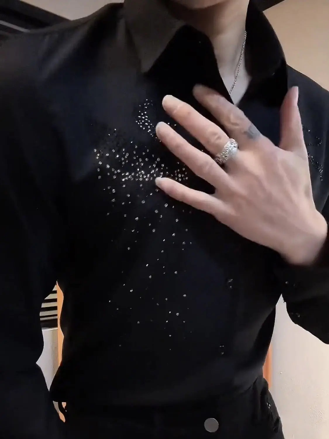 Spring Autumn Men's Korean Fashion Business Casual Rhinestone Button Up Shirt Male England Black Long Sleeve Slim Handsome Tops