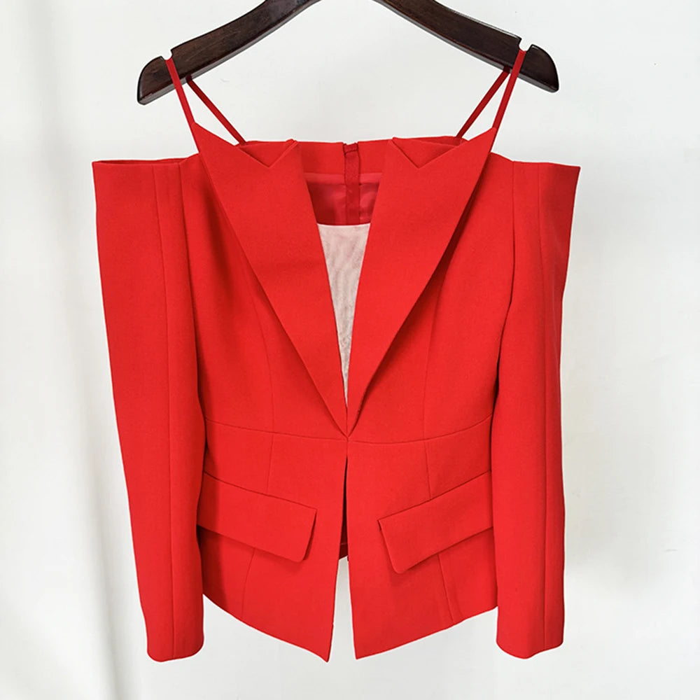 TWOTWINSTYLE Solid Designer Slimming Blazers For Women Slash Neck Long Sleeve Off Shoulder Temperament Coats Female Fashion New