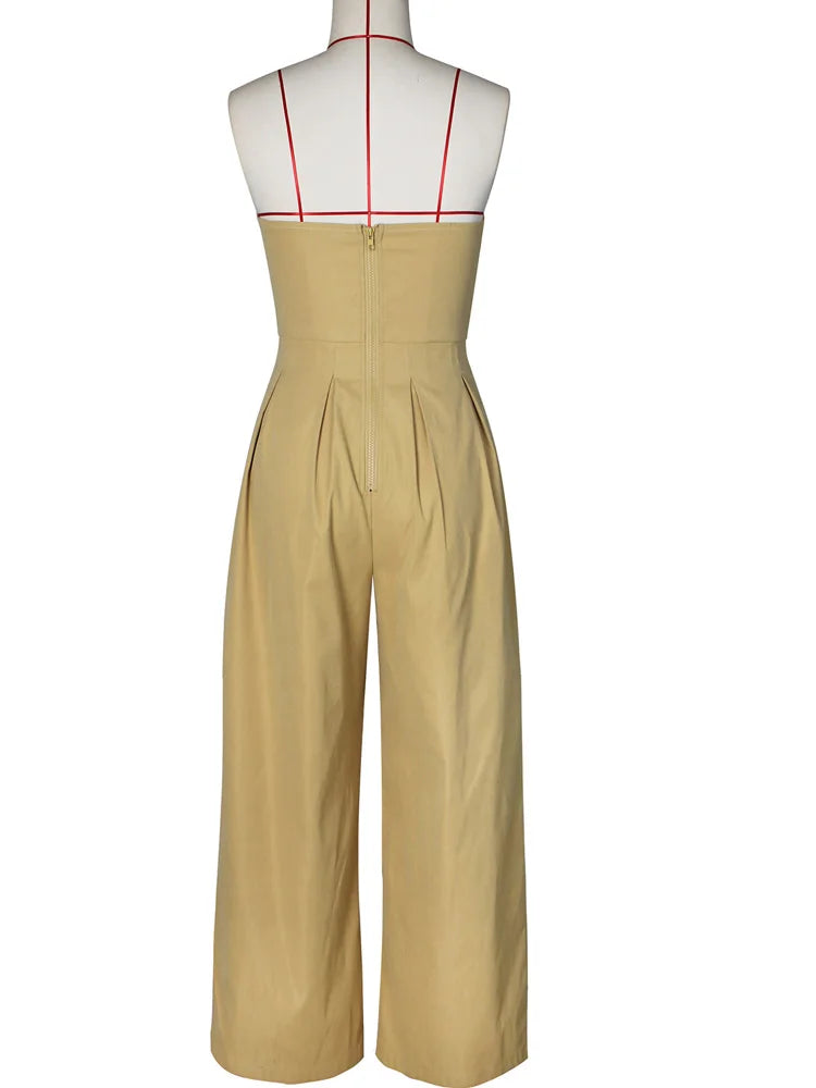 Beyprern New Chic Button Details Palazzo Jumpsuit One Piece Outfits Womens Ruched Strapless Wide Legs Jumpsuits Romper Clubwear