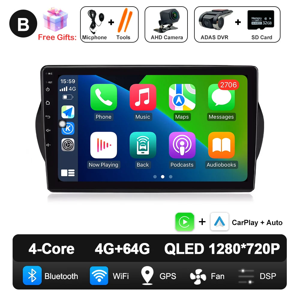 Android 14 For Fiat Fiorino Qubo Citroen Nemo Peugeot Bipper 2008 - 2017 Carplay Auto QLED Screen 4G Car Radio Multimedia Player