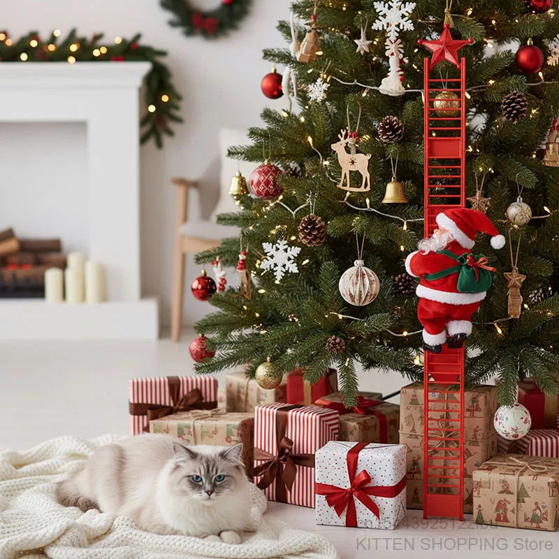 Electric Climbing Ladder Santa Claus Doll with Music, Christmas Tree Hanging Decorations, Christmas Decoration, Kids Xmas Gifts