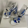Luxury Diamond Crystal Decor Modern Sandals Women Blue And White Porcelain Print Ankle Strap Summer Shoes For Girls