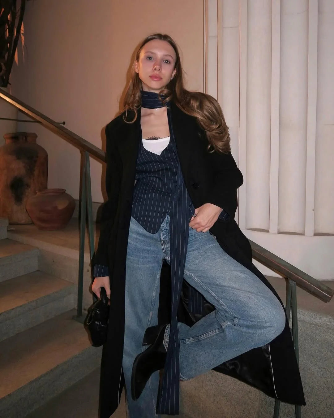 Tossy Elegant Female Striped Suit Coat For Women Scarf Lace-Up Patchwork V-Neck Long Sleeve Luxury Outwear Female Jackets Coat