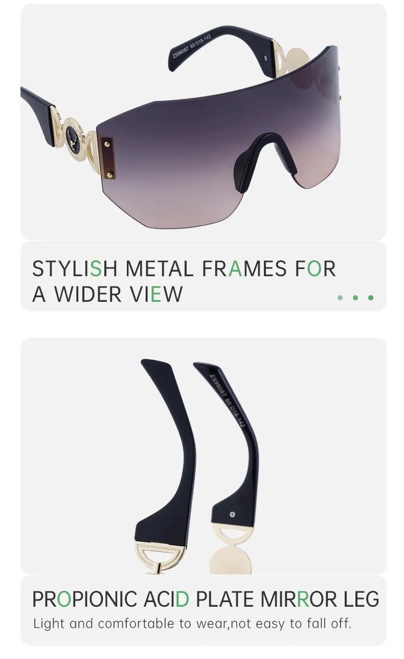 Oversized Shield Rimless Punk Sunglasses Women 2024 Luxury Brand Fashion Winged Sun Glasses For Ladies Shades Eyewear UV400
