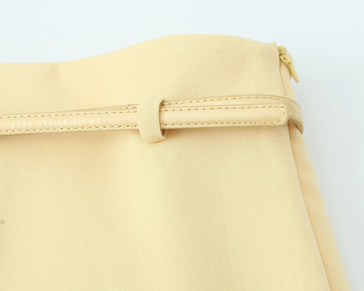 TRAFZA Women Fashion Suit Yellow V-Neck Sleeveless Belt Sngle Breasted Tops+High Waist Pocket Belt Long Skirts Female Summer Set