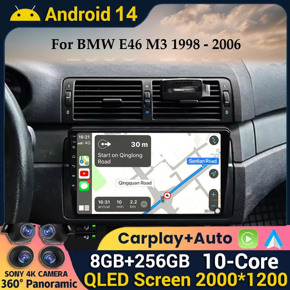 Android 14 Wireless CarPlay Auto for BMW E46 M3 318/320/325/330/335 4G+WIFI Car Radio Multimedia GPS Video Player 360 Camera DSP