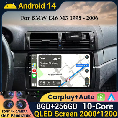 Android 14 Wireless CarPlay Auto for BMW E46 M3 318/320/325/330/335 4G+WIFI Car Radio Multimedia GPS Video Player 360 Camera DSP