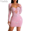 Women Sexy Sheer Mesh Rhinestone Decor Long Sleeve Skinny Party Dress