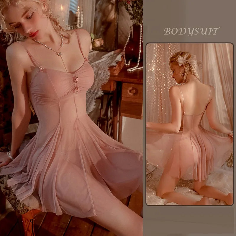 Sexy Elegant Lingerie Nightgowns Perspective Women Elegant Nightwear Lace Trim Sleepwear Woman Sleeveless Suspender Nightdress
