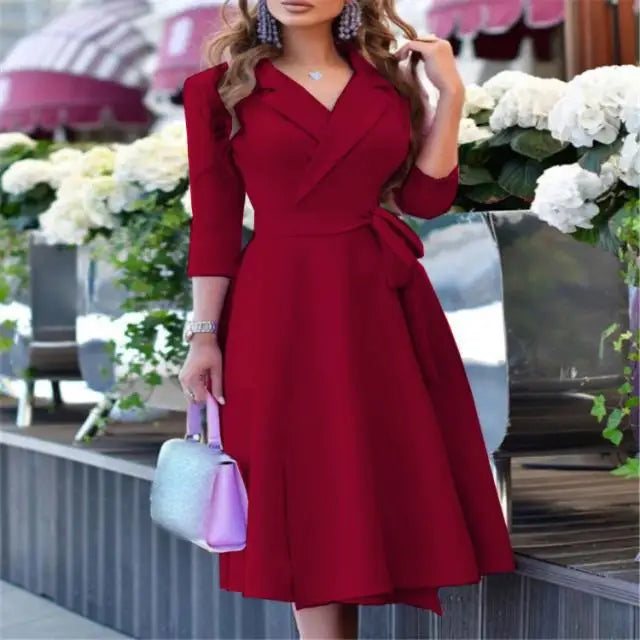 New Womens Dress Clothing Printing Suit Collar Tie Dress