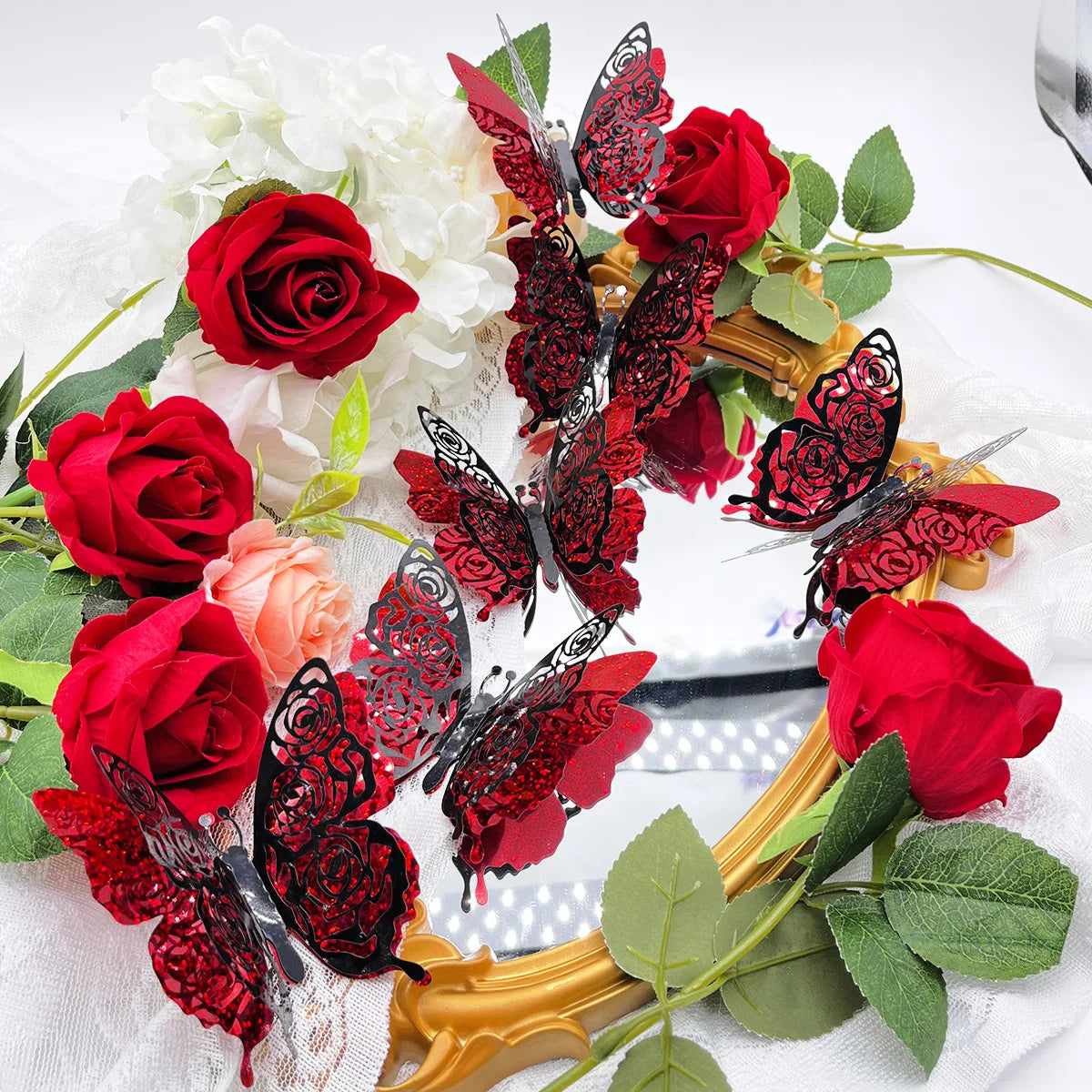6pcs/set 3d Double Layer Butterfly Valentine's Day Decorative Wall Stickers Glitter Gold Butterfly Decorative Stickers