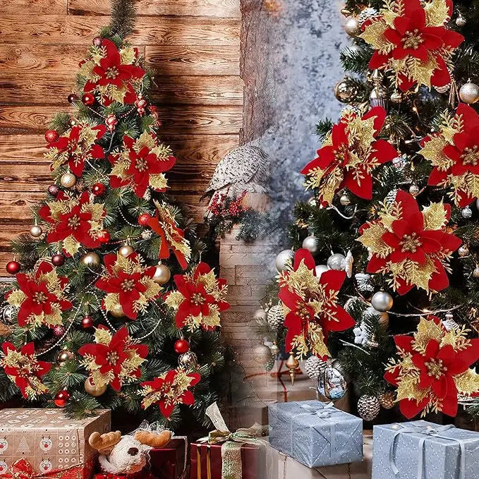 Silver Glitter Christmas Flowers Silver Xmas Tree Artifical Flower Ornaments Merry Christmas Decoration For Home Party New Year