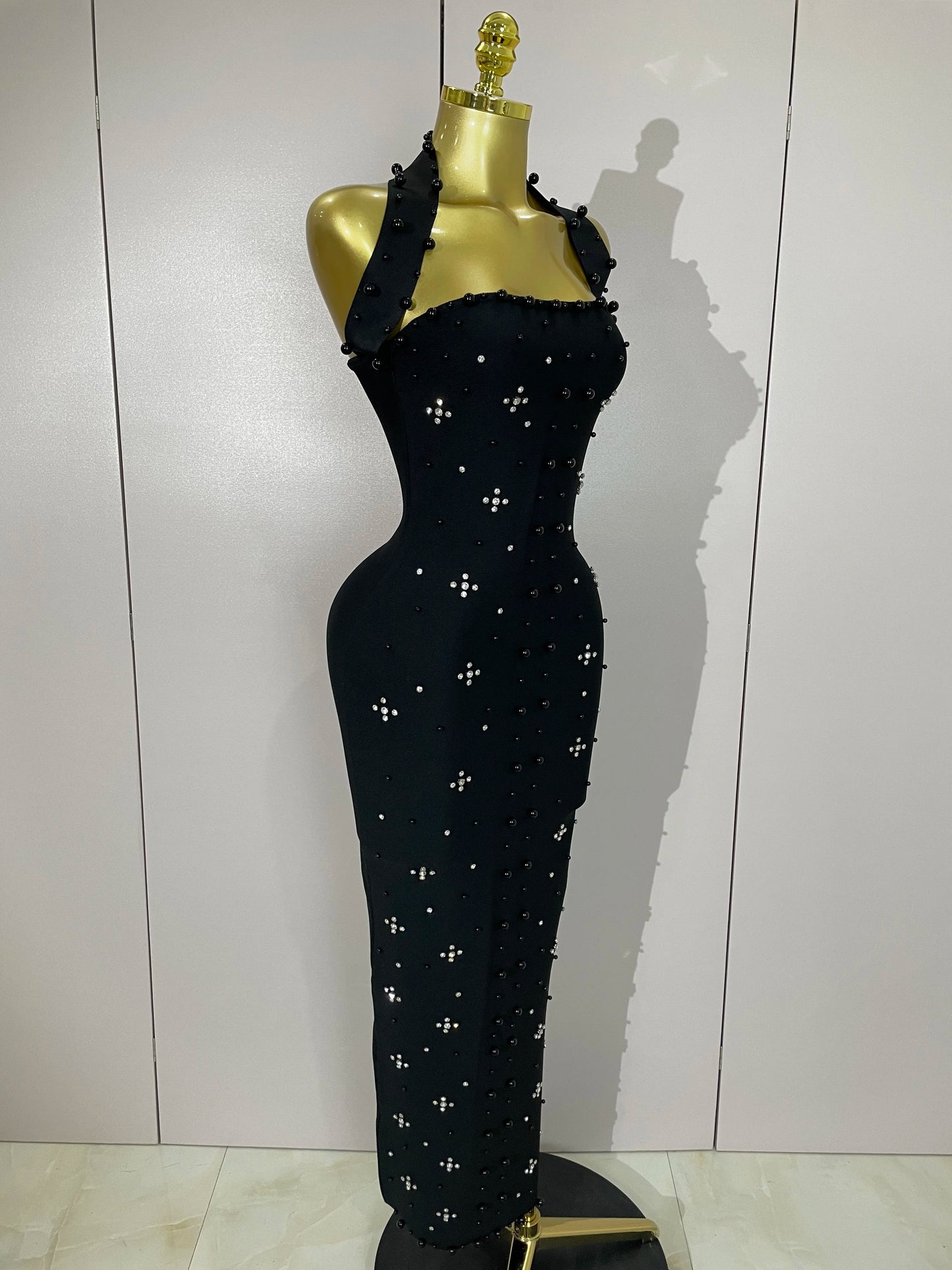 2025 Luxury Shining Diamonds Pearls Sleeveless Bodycon Bandage Long Dress Women Celebrate Evening Party Elegant Birthday Gowns