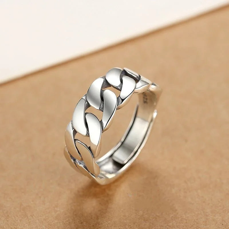 BFCLUB 925 Sterling Silver Rings For Women Men Fine Jewelry Finger Adjustable Open Vintage Chain Ring For Party Birthday Gift
