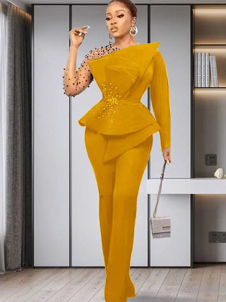 Spring 2 Pieces Set for Woman Pearl Top with Sleeves Pants Suit Women Outfit Elegant Classy Evening Wholesale Dropshipping