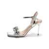 Summer One-word Rhinestone Square Head Sandals Women's Stiletto Open-toed Crystal Gemstone High Heels