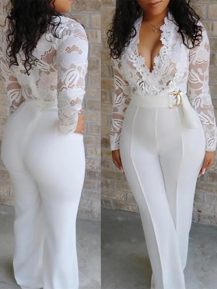 Sexy Deep V-neck Solid Jumpsuit Elegant Office Lady Hollow Lace Long Sleeved Slim Belt Jumpsuit Autumn Commuting Women Clothing
