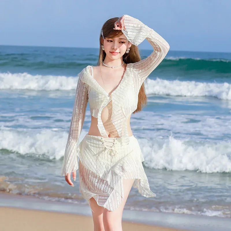Bikini Sets Women Long Sleeve Irregular Three Pieces Lace-up Summer Sun-proof Vintage European Style Sexy Swimwear Beach Outfit
