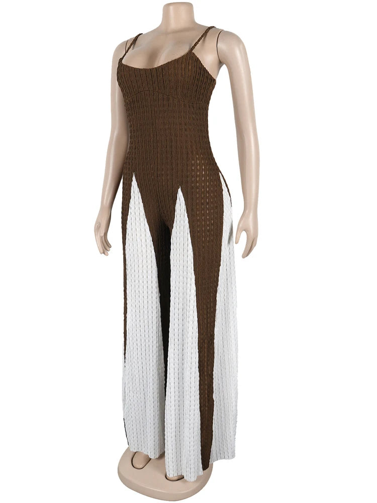 Beyprern Women's Patchwork Spaghetti Straps Knitted Wide Legs Jumpsuits One Piece Outfits Night Clubwear Female Workout Overalls