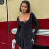Ruffled Lace-Up White Mini Dress Women's V-Neck Patchwork Long Sleeve Sexy Slim Dress Bandage Elegant Female Summer Dress