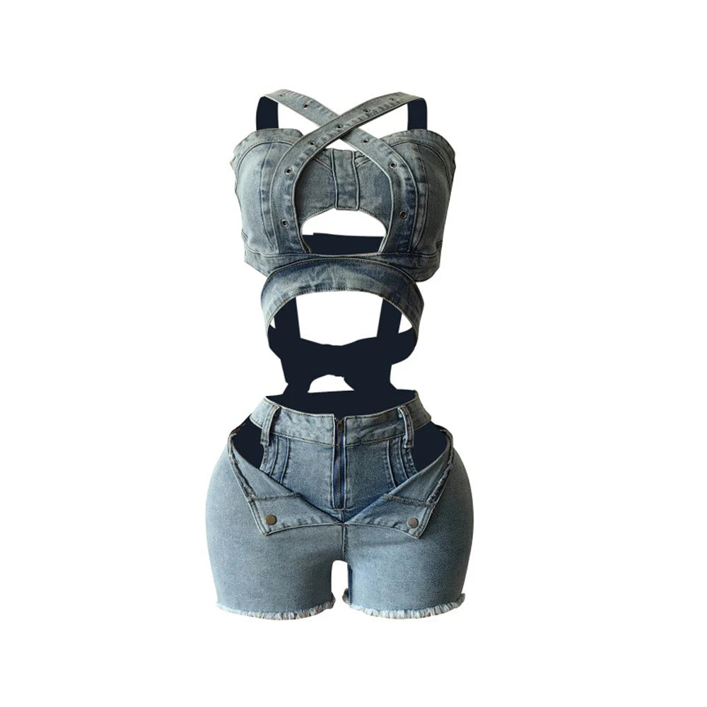 Sexy Jean Women Short Sets Straps Denim Crop Top and Cut Out Shorts Set 2025 Summer Clothes Streetwear Two 2 Piece Club Outfits