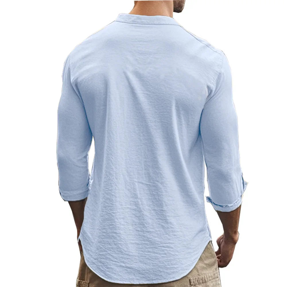 Spring and Summer Men's Shirt Cotton Linen Slim Casual Hawaii Solid Colour Basic Style Breathable Men's Versatile Tops