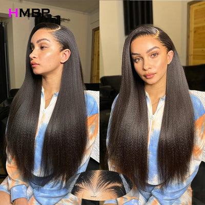 500 Density Kinky Straight 360 HD Lace Frontal Wigs Human Hair Glueless Wigs Pre Plucked Human Hair For Women 30 32 Inches HMBP