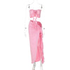 Hugcitar Fashion 2 Pcs Sets Strapless Tie Flower Draped Sexy Crop Tank Top Slit Tassel Maxi Skirt Women Outfit Festival Party