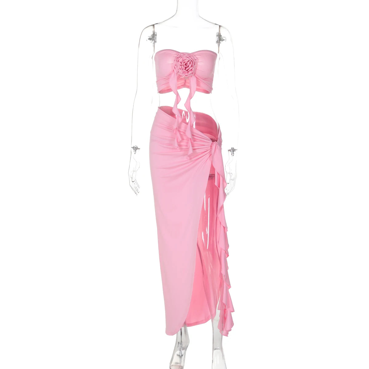 Hugcitar Fashion 2 Pcs Sets Strapless Tie Flower Draped Sexy Crop Tank Top Slit Tassel Maxi Skirt Women Outfit Festival Party