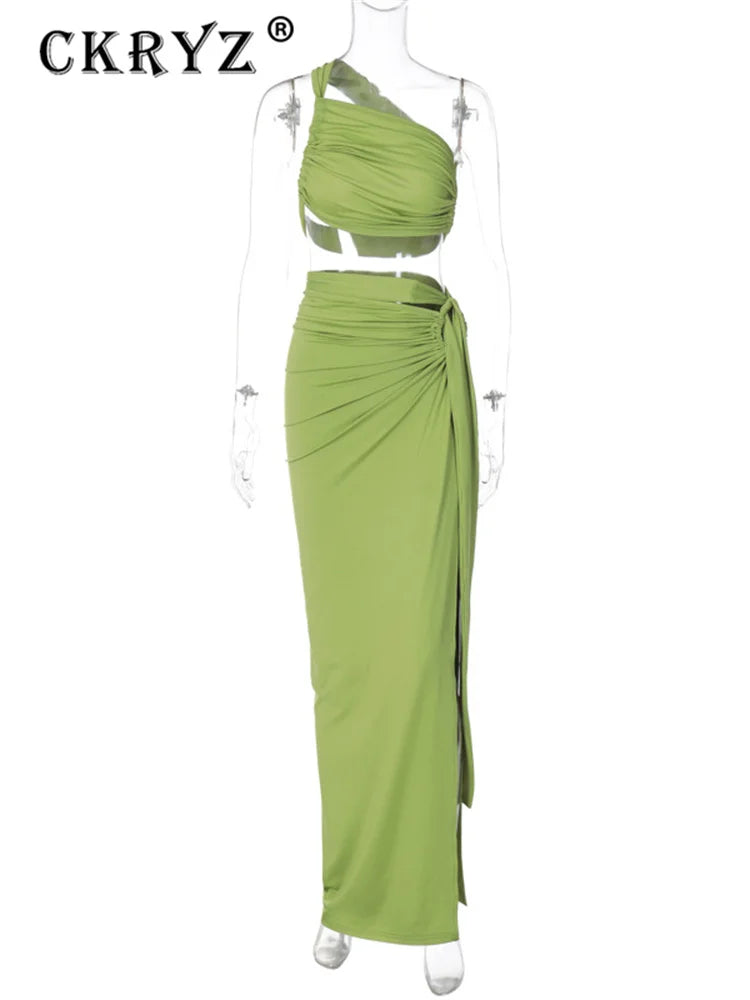 Ladies Spring 2 Pieces Sleeveless Backless Strap Spit Crop Top Side Slit Slim Fit Maxi Skirt Set Women Evening Party Clubwear