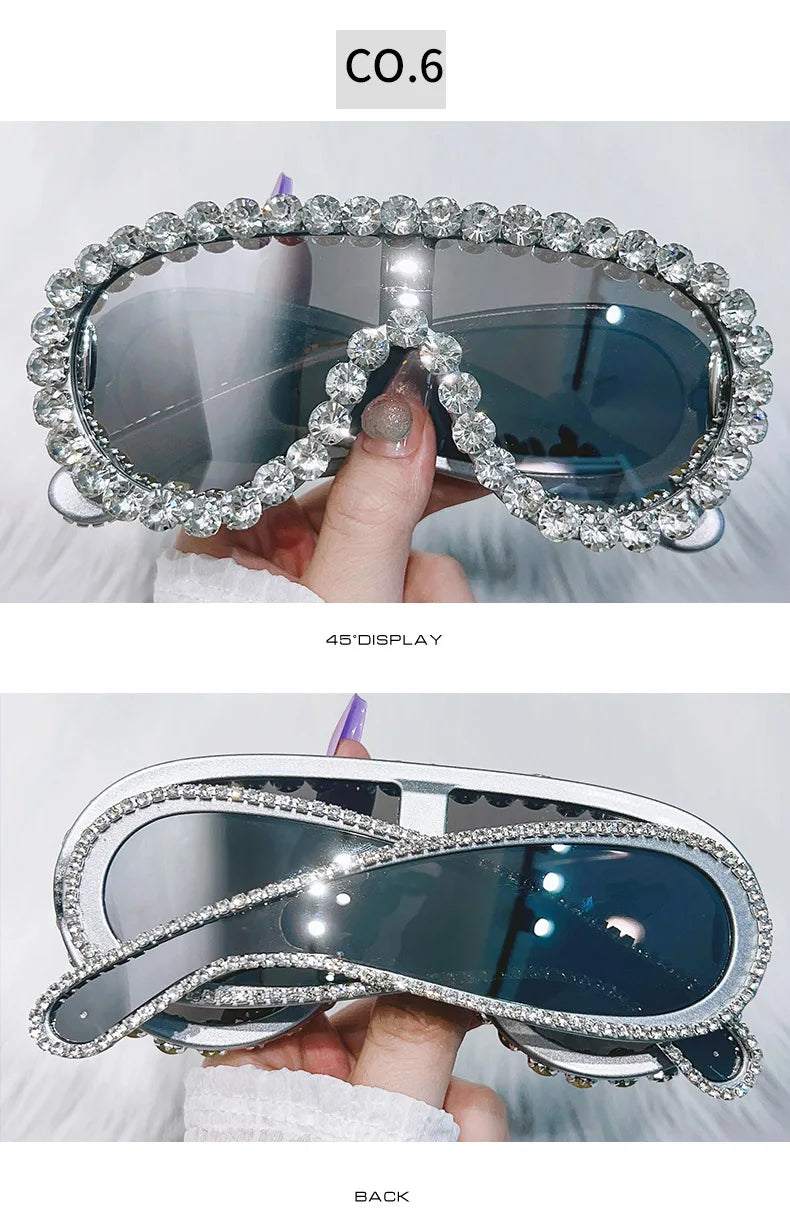 Oversized Punk Rhinestones Sunglasses Women 2024 Luxury Brand One-Piece Y2K Sports Sun Glasses for Lady Steampunk Eyewear UV400