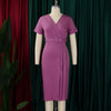2024 summer new short sleeve V-neck waist solid color Tunle pencil skirt dress