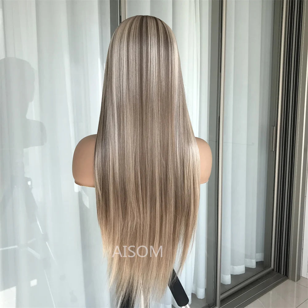 13x6 Lace Front Wig Highlight Brown Straight Synthetic Hair Lace Wigs for Women Free Part Glueless Wig with Pre plucked Hairline