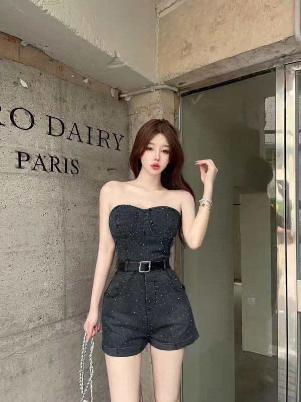 Women Denim one pieces Summer Playsuit Fashion Hot Drill High Waist Slim Sleeveless Strapless Sashes Outfits