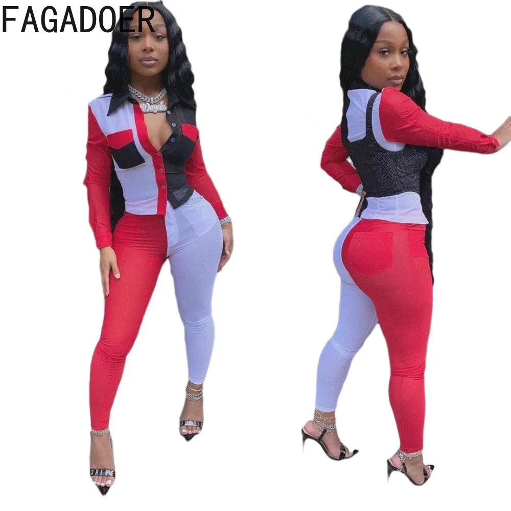FAGADOER Neon Color Patchwork Two Piece Set Women Button Up Full Sleeve Top And Leggings Outfits Autumn Club Birthday Tracksuits