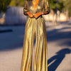 Bonboho Women's Solid Color Jumpsuit Deep V-neck Three-Quarter Sleeves High Waist Wide Leg Oe-piece Suit Summer Casual Jumpsuits