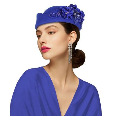 Elegant Felt Turban Hat Vintage Rhinestone Flower Church Beret Hat For Women Air Stewardess Party Cosplay Cap Costume Accessory