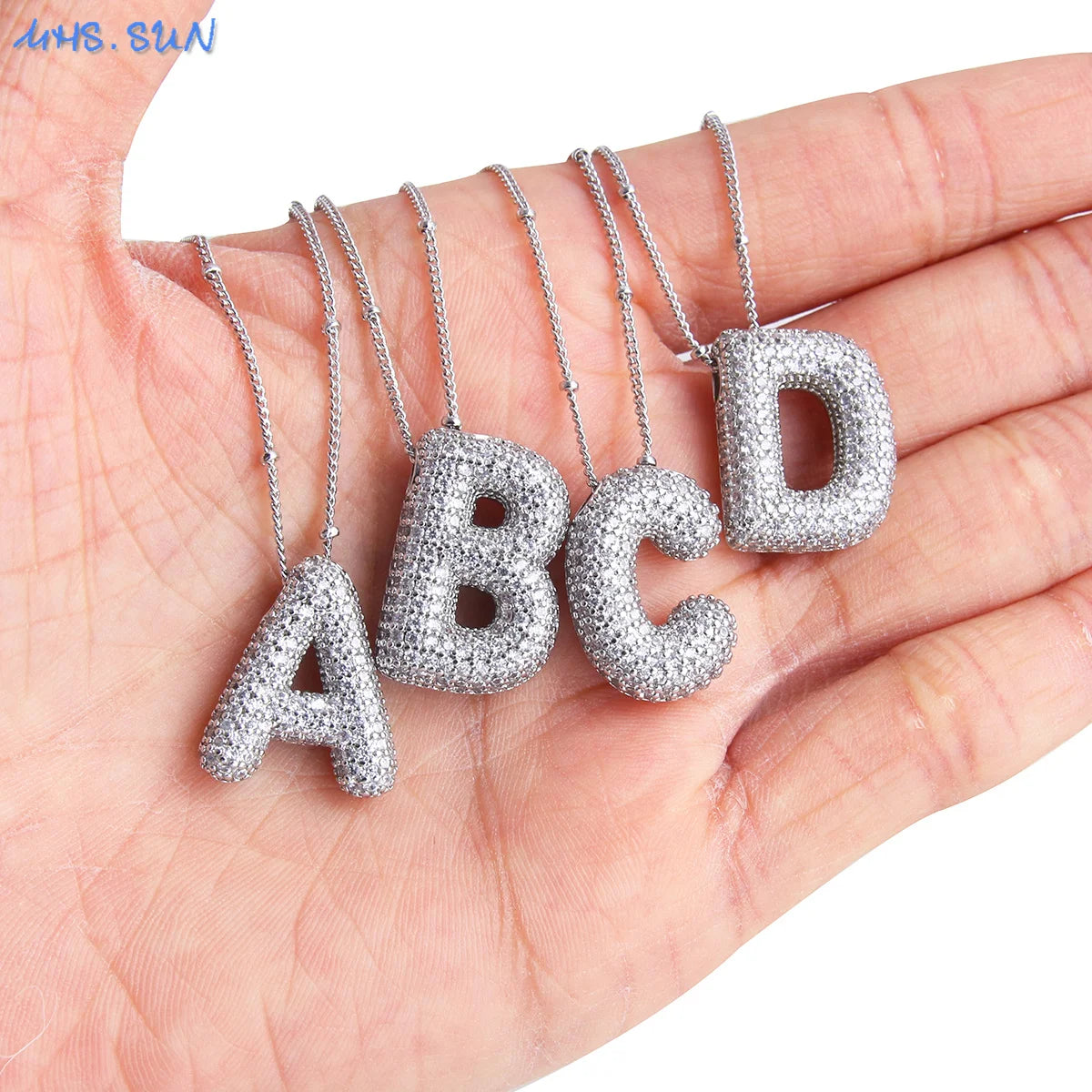 MHS.SUN High Quality Bubble Initial Necklace Letter A-Z Silver Color Zircon 26 Initial Balloon Pendant For Women Men Jewelry