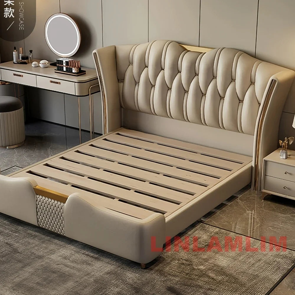 MINGDIBAO Luxury Modern Upholstered Bed Frame with Gold Accents, Genuine Leather Designer Bed, Queen/King Size Bedroom Furniture